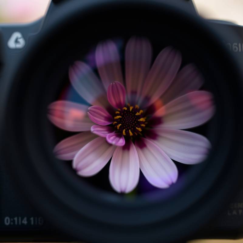 A close-up shot of a camera lens focusing on a flower, symbolizing beginner photography.