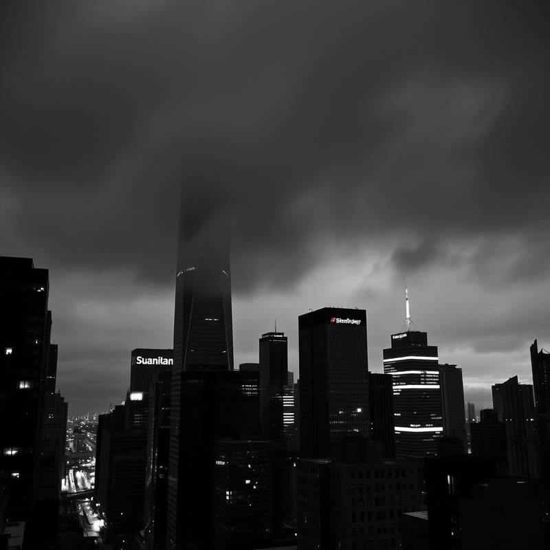 A dramatic black and white image of a cityscape, representing black and white photography.