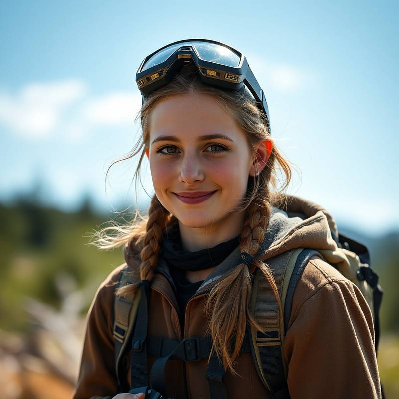 Portrait of Chloe Davis, expert in wildlife and nature photography, wearing outdoor gear.